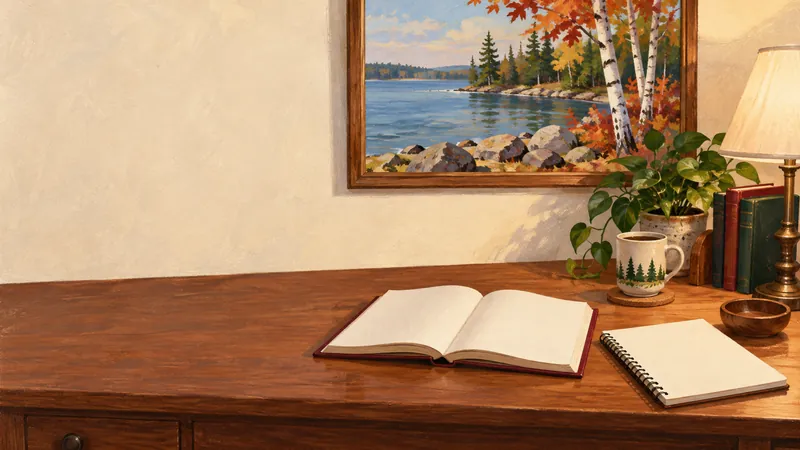An open book, notebook and lamp sit on a desk beneath a small landscape painting.