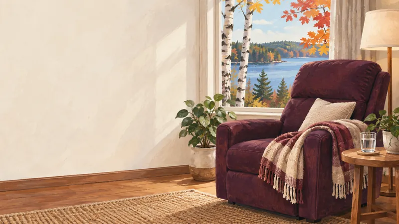 A cushioned reclining chair with a folded blanket stands beside a window and a glass of water.